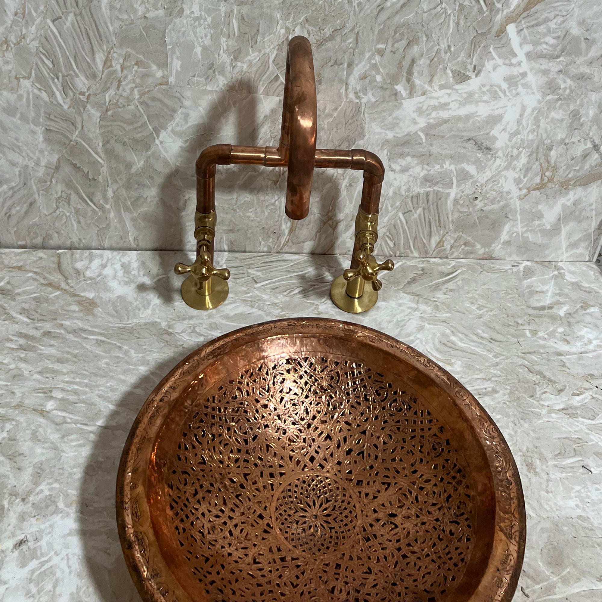 Round Copper Drop-In Bathroom Sink | Handcrafted Engraved Copper Sink ...