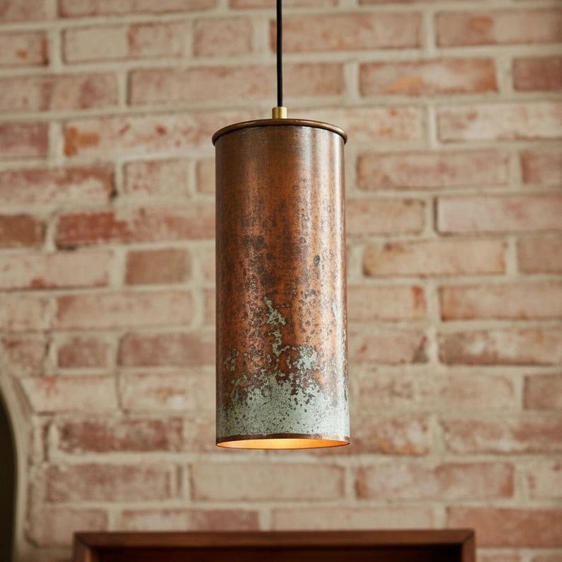 Tall Aged Copper Cylinder Pendant 