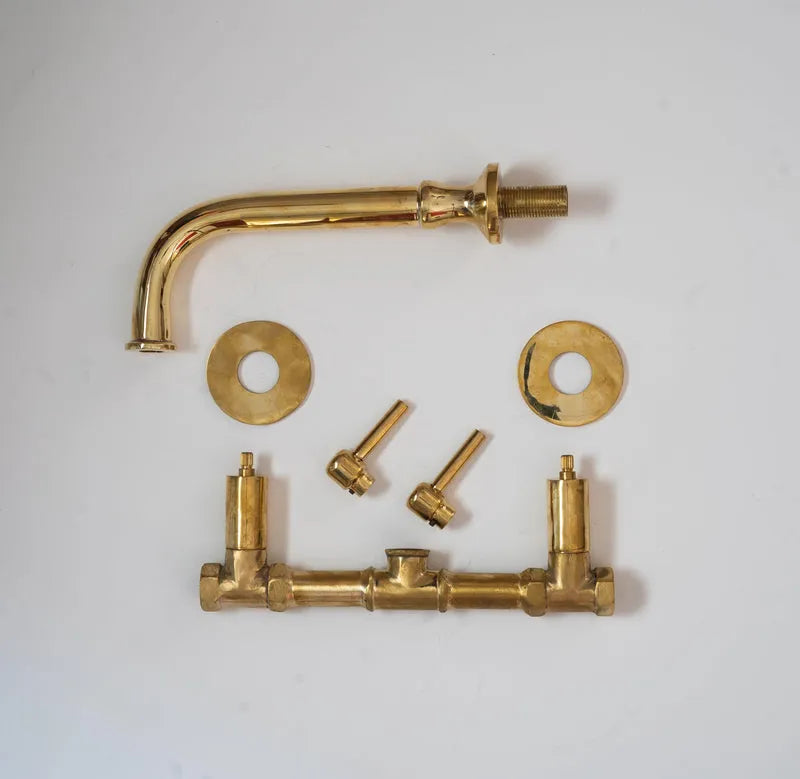 Unlacquered Brass Wall Mount Bathroom Faucet with Lever Handle
