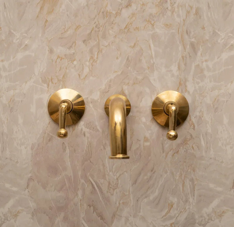 Unlacquered Brass Wall Mount Bathroom Faucet with Lever Handle