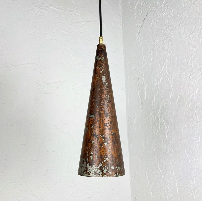 Vintage Oxidized Copper Cone Pendant Light – Rustic Handmade Ceiling Fixture