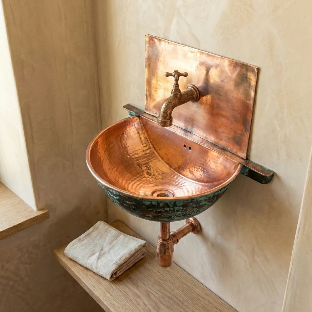 Oxidized copper wall-mounted sink with hammered copper bowl in a plaster bathroom