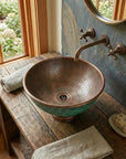 Handcrafted Hammered Copper Sink Vessel, Green Patina Round Countertop Basin