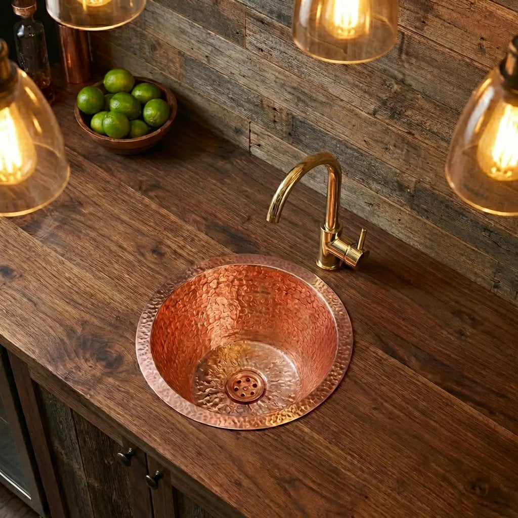 Copper Round Bar Sink | Hammered Copper Round Drum Bar Sink Including ...