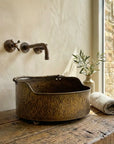Rustic Brass Hammered Round Bathroom Sink, Aged Brass Vessel sink for bathroom