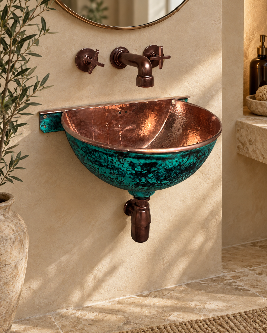 Green-patina hammered copper wall-mounted sink with matching faucet and bottle trap in a luxury bathroom