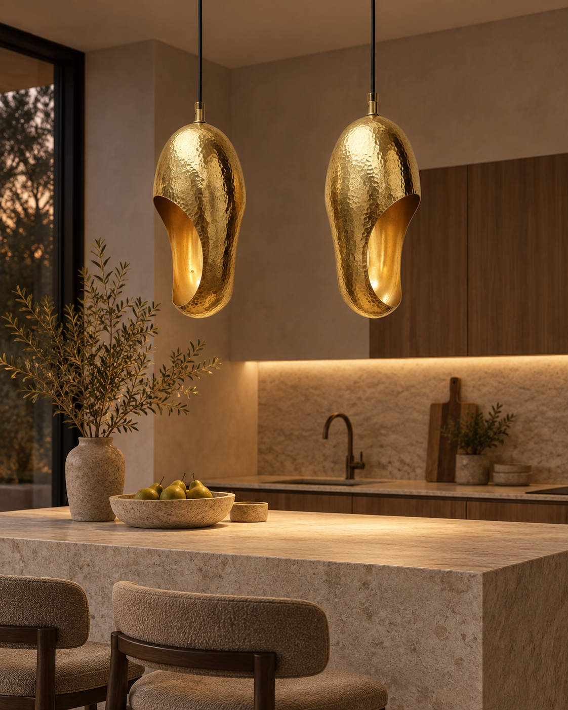 Set of two hammered brass sculptural pendant lights above a kitchen island