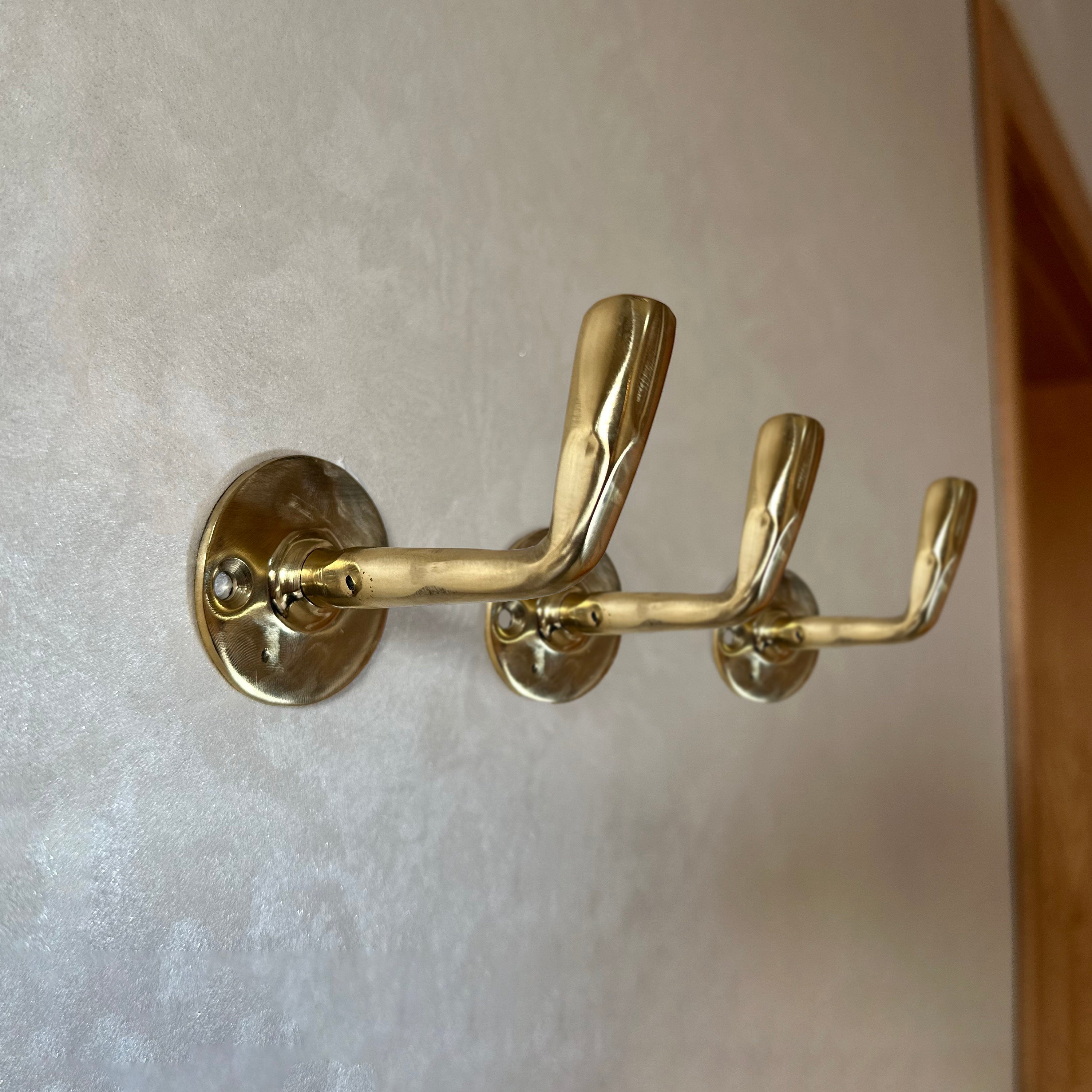 Set of 3  Unlacquered Brass Wall Hooks- Handcrafted Coat Hanger-Towel Hook for Bathrooms &amp; Kitchens