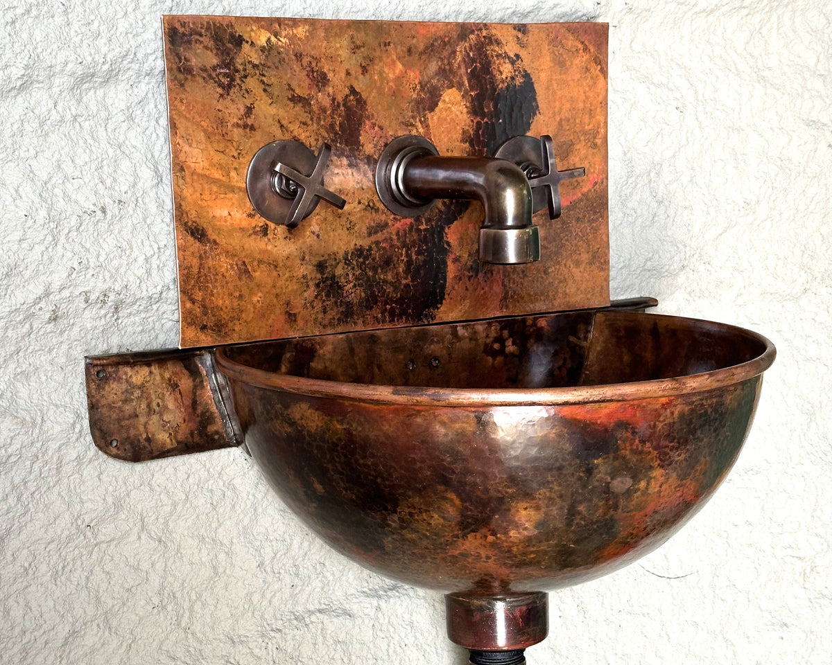 Handcrafted fired copper wall-mounted bathroom sink with mixer faucet