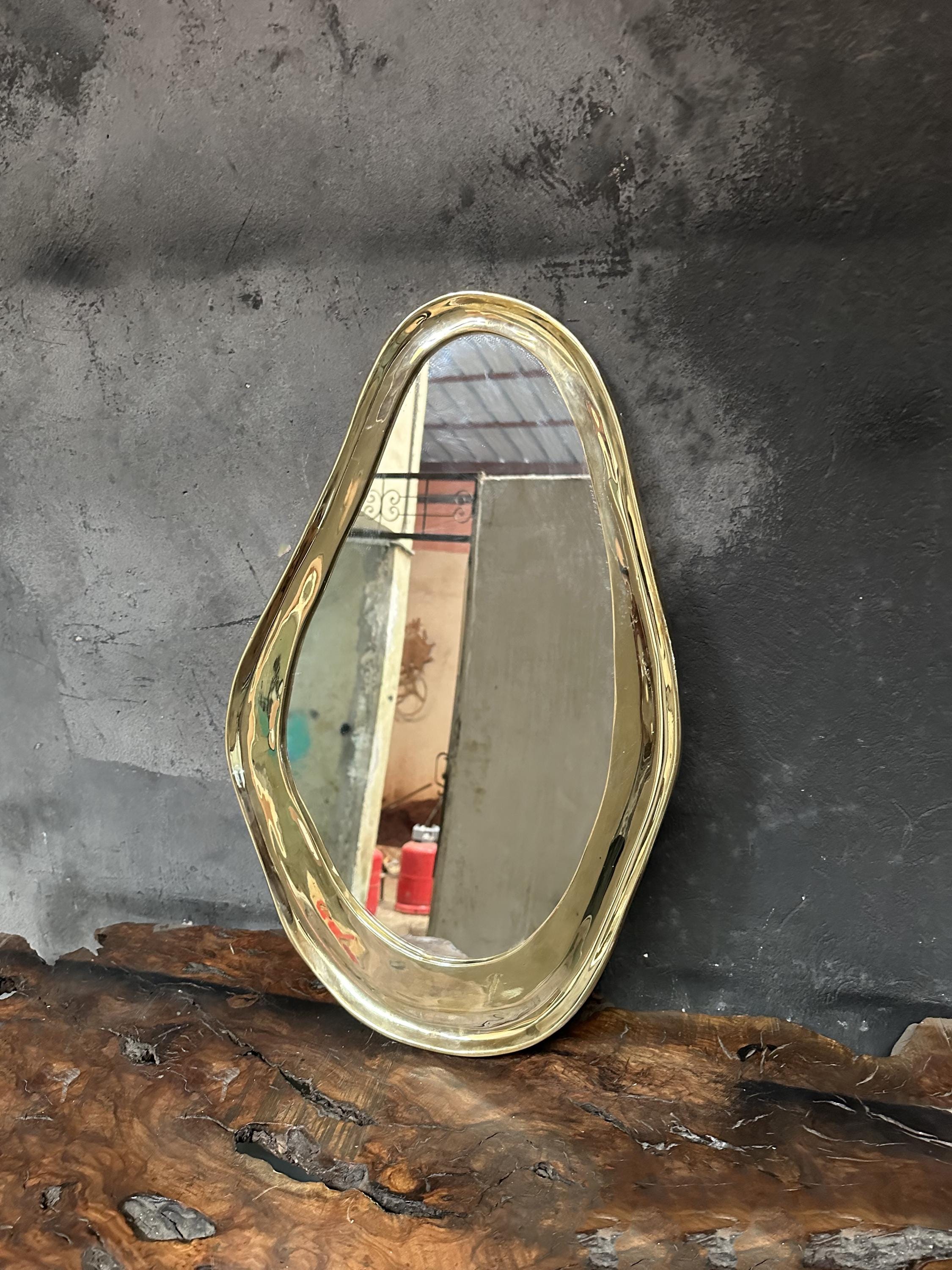 Brass Curved Bathroom Mirror, Organic Unlacquered Style