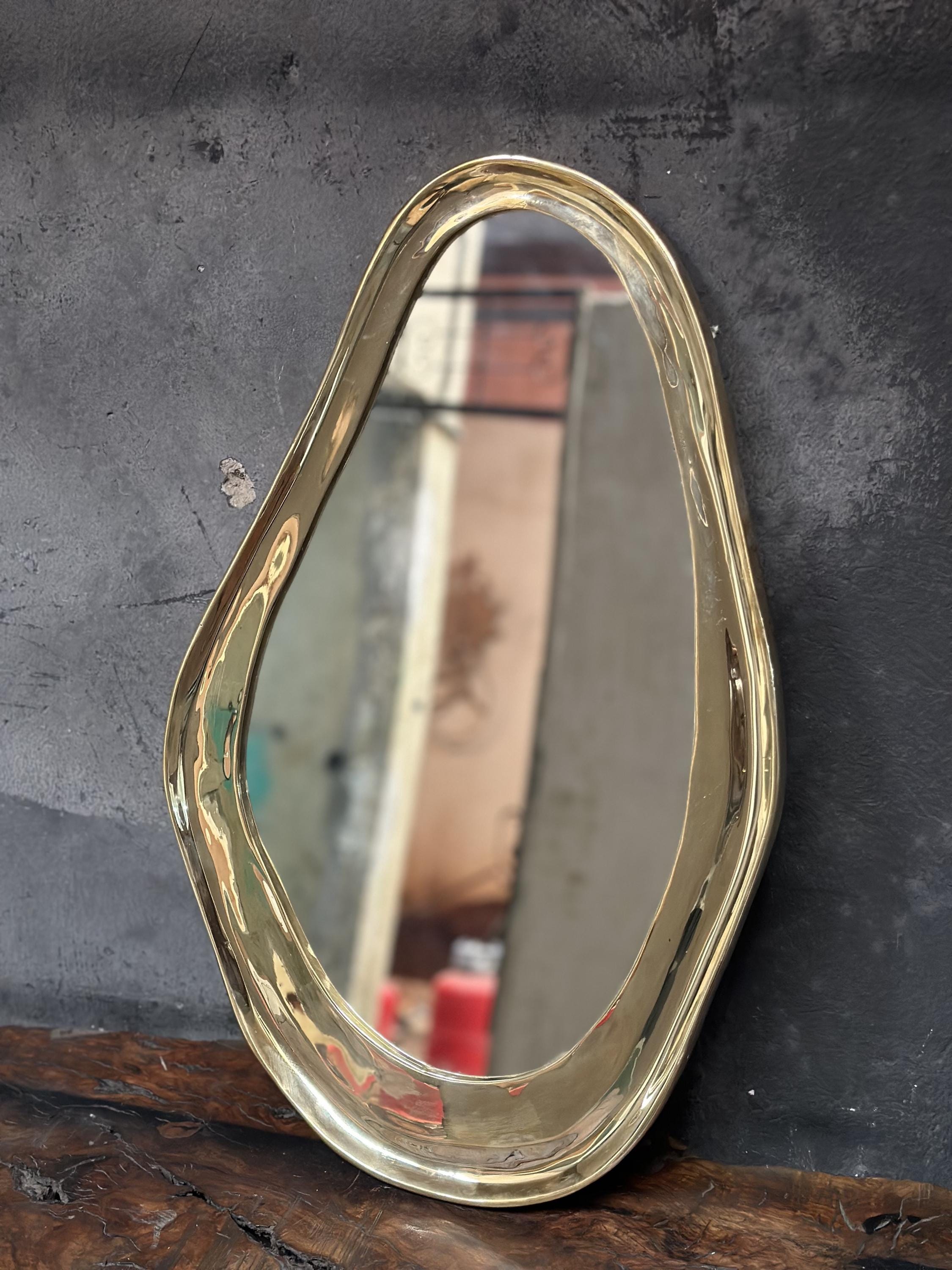 Brass Curved Bathroom Mirror, Organic Unlacquered Style