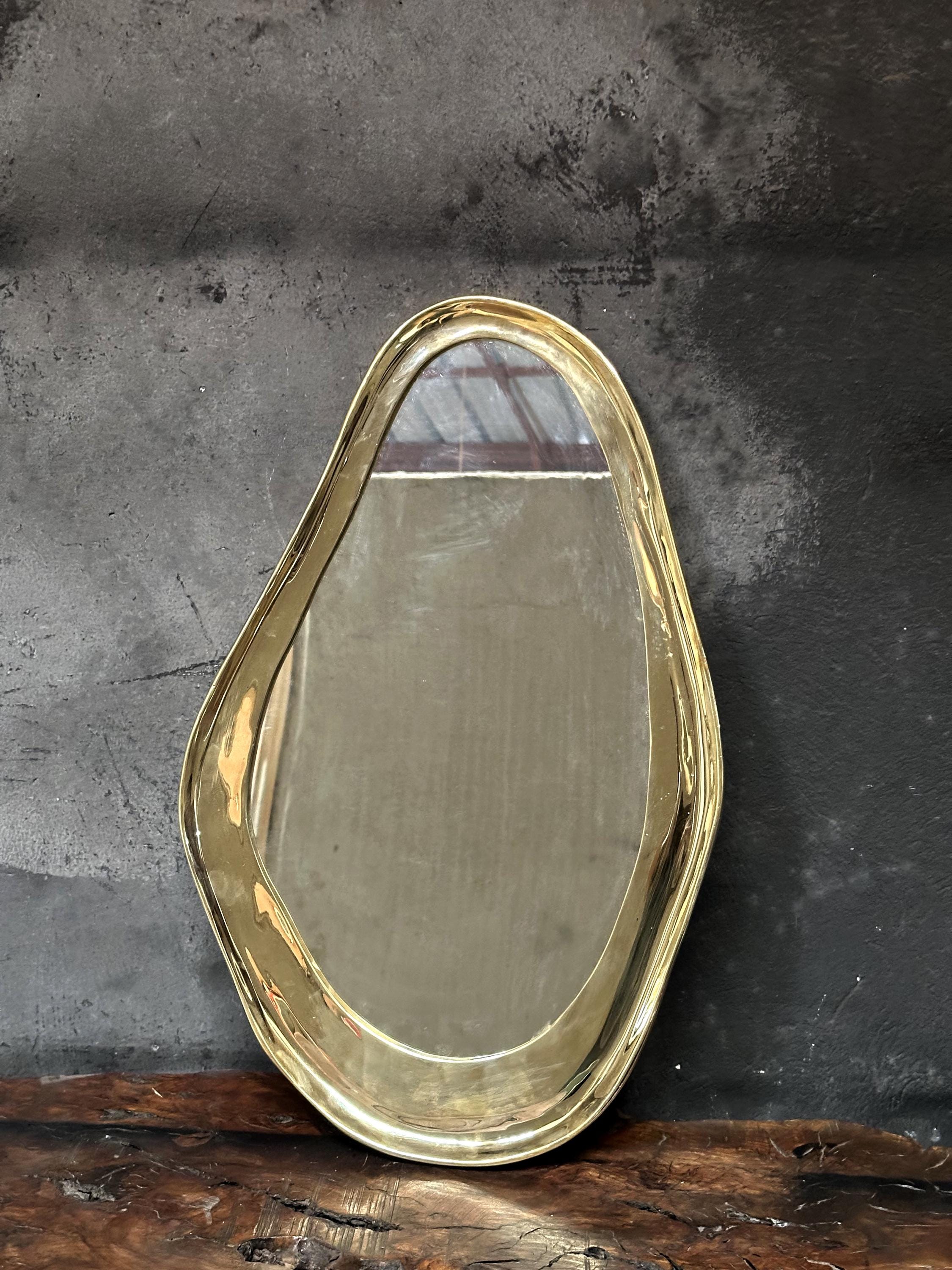 Brass Curved Bathroom Mirror, Organic Unlacquered Style