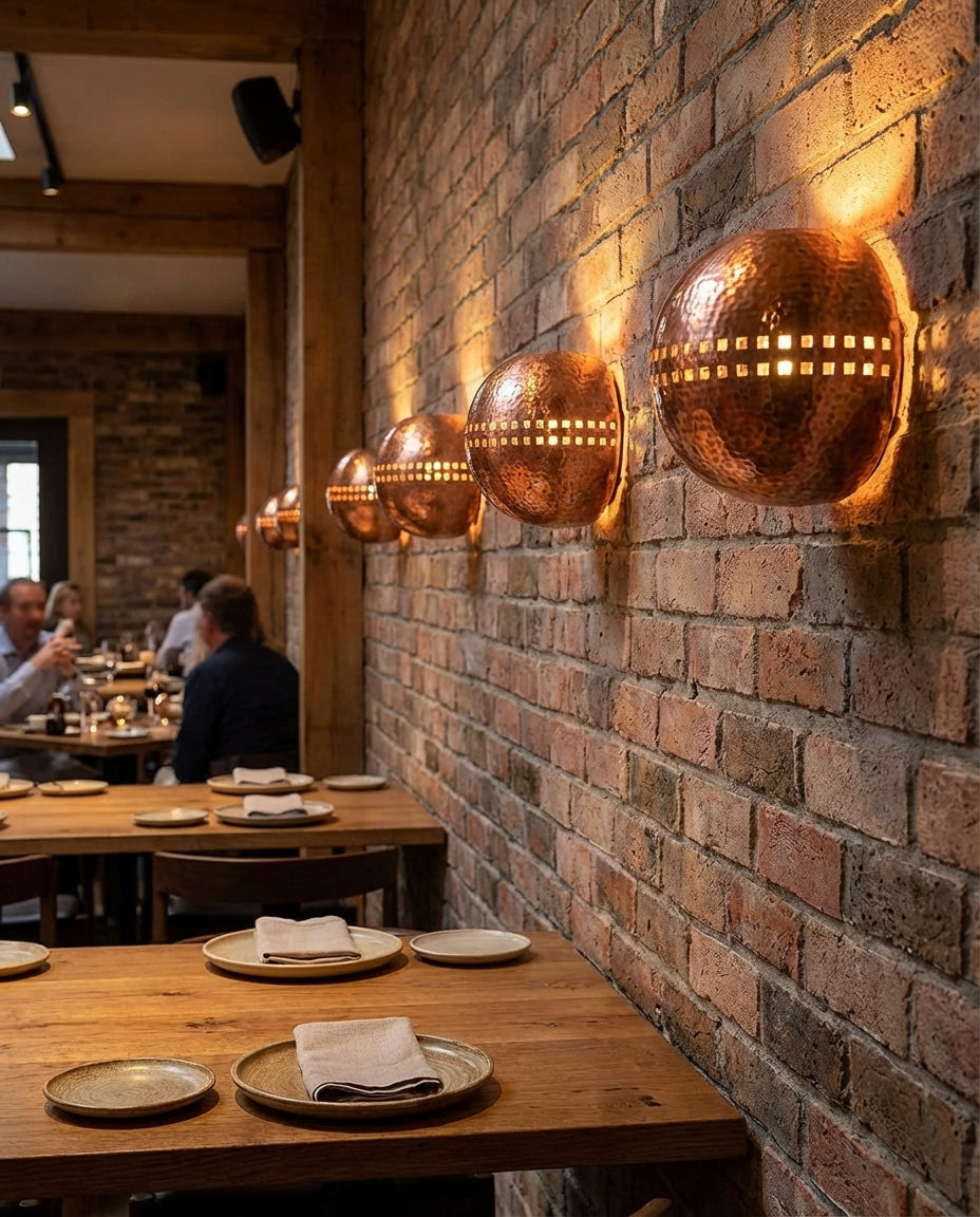 Row of copper globe sconces along a brick restaurant wall