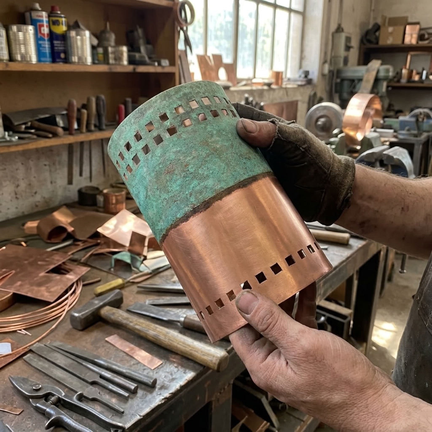 Artisan's gloved hands holding a hand-hammered copper wall light with a green verdigris patina in a CopperKesh workshop